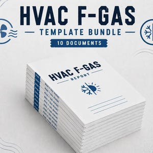 Pode incluir: Uma pilha de documentos brancos do Relatório HVAC F-GAS com texto e gráficos azuis. O documento superior exibe o título "HVAC F-GAS REPORT" e um gráfico de sol de floco de neve. A imagem também mostra o texto "TEMPLATE BUNDLE - 10 DOCUMENTS".