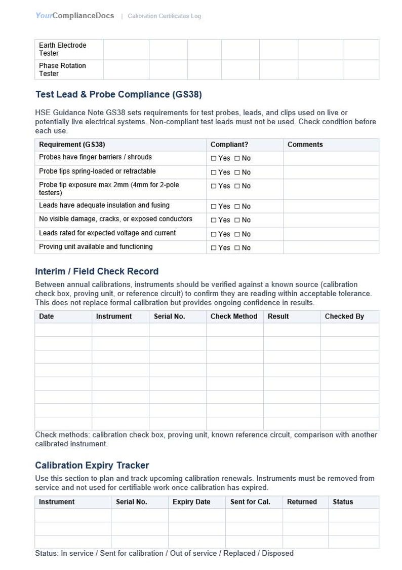 Probe Check Form Calibration Certificates Log Template | Electrical Test Instruments ...