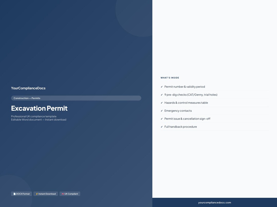 Correct Dig Form Excavation Permit Template UK | Pre-dig Checks and Controls | Editable ...