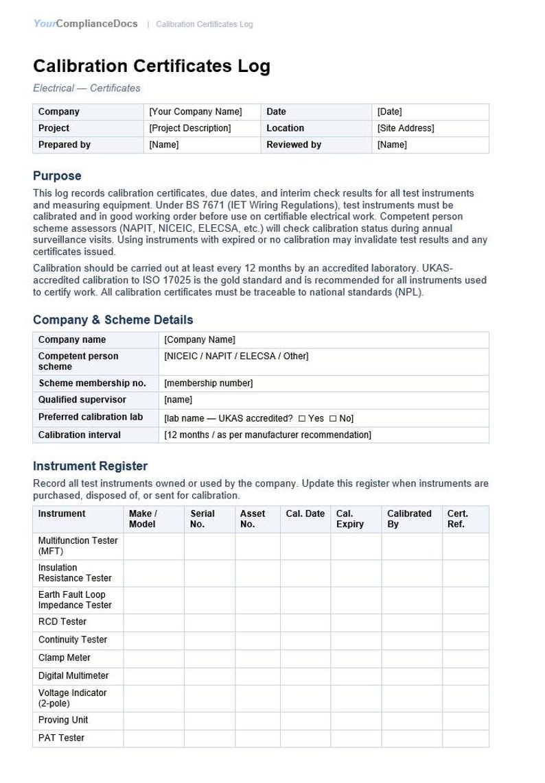 Calibration Certificates Log Template | Electrical Test Instruments ...