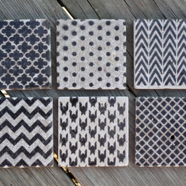 Stone coasters set of 6 herringbone houndstooth tweed chevron hostess gift housewarming gift wedding favor shower favor rustic favor