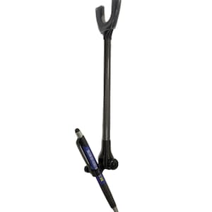 May include: A black pen holder with a carbon fibre-style pole and a curved top. A black pen with blue accents and text is held in the holder. The pen has a stylus tip.