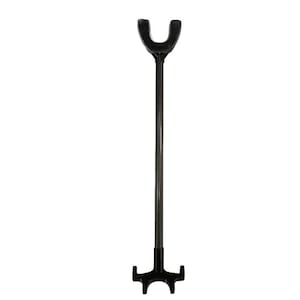 May include: A black archery bow stand with a carbon fiber shaft. The stand has a U-shaped top and a three-pronged base. The stand is designed to hold a bow upright.