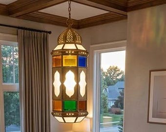 Moroccan Brass Lantern Pendant Light, Handmade Stained Glass Hanging Lamp, Islamic Ceiling Lantern, Vintage Moroccan Chandelier.