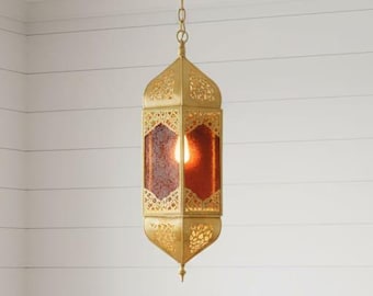 Moroccan Brass Pendant Light with Amber Glass | Boho Hanging Lantern | Handmade Oriental Ceiling Light | Bohemian Home Decor