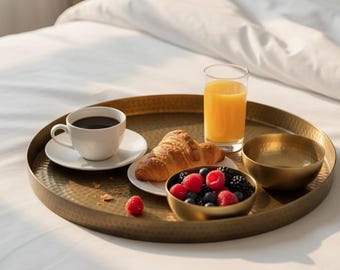 Handmade Brass Serving Tray Set, Round Hammered Metal Tray, Decorative Ottoman Style Tray, Coffee Table Centerpiece, Breakfast Tray