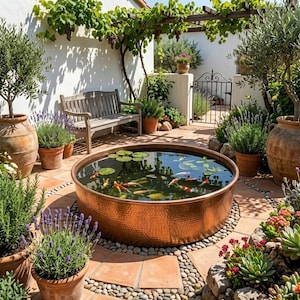 May include: A large, round, hammered copper basin filled with water, lily pads, and orange koi fish, situated in a courtyard with terracotta tiles, potted lavender, olive trees, a wooden bench, and a white wall with a grape vine trellis.