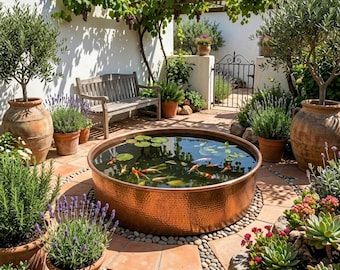 Handmade Copper Garden Pond, Hammered Copper Water Basin, Outdoor Koi Pond Bowl, Rustic Copper Water Feature, Luxury Landscape Decor