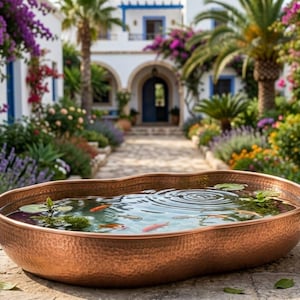 May include: An oval-shaped, hammered copper basin filled with water, containing several small orange goldfish and green aquatic plants. The exterior surface of the metal bowl features a textured, dimpled finish, reflecting light across its warm surface.