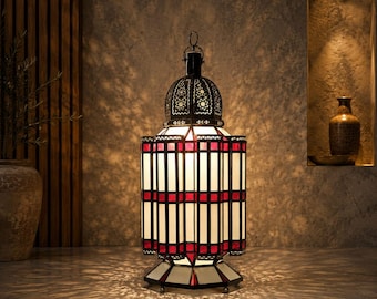 Moroccan Stained Glass Table Lantern, Handmade Brass Lantern Lamp, Islamic Decorative Lantern, Boho Moroccan Accent Light,Vintage Home Decor