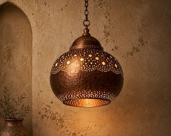 Marokkaanse koperen hanglamp | Handgemaakte hanglamp | Antieke sterplafondlamp | Boho-huisdecoratie | Ambachtelijk cadeau