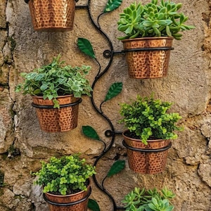Puede incluir: Una jardinera de pared con seis macetas de color cobre, cada una llena de plantas verdes. Las macetas están unidas a una estructura metálica negra en forma de vid con acentos de hojas verdes, montada en una pared de piedra texturizada.