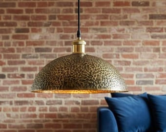 Hammered Brass Pendant Light, Handmade Dome Hanging Lamp, Rustic Industrial Ceiling Light, Modern Brass Kitchen Pendant, Artisan Lighting