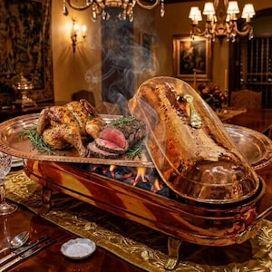 May include: A copper chafing dish with a roasted chicken and sliced roast beef on a silver platter. The dish is open, revealing hot coals and flames. Steam rises from the food, suggesting it is freshly prepared. The setting is a formal dining room.