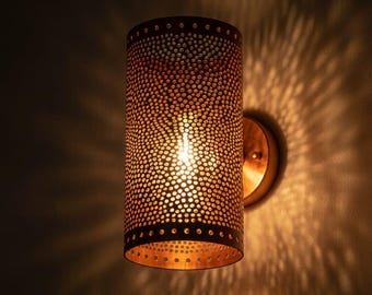 Handmade Copper Wall Sconce Light, Rustic Metal Wall Lamp, Perforated Cylinder Wall Fixture, Warm Ambient Lighting, Artisan Home Decor
