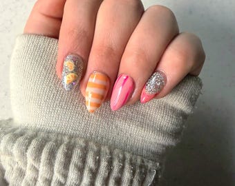 Strawberry Orange Summer Nails | Striped Dotted Press On Fake Nails | Handmade Nail Art