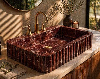 Lavabo de mármol burdeos, lavabo de baño estriado de lujo, lavabo de piedra natural hecho a mano, lavabo de tocador de tamaño personalizado, decoración de baño