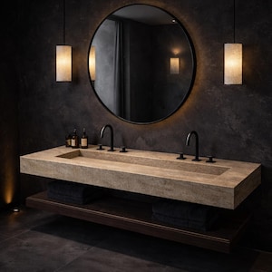 May include: A double vanity featuring a long, rectangular beige stone sink with two matte black faucets. Below the sink is a dark wooden shelf holding folded black towels. Above, a large round mirror is flanked by two cylindrical pendant lights.