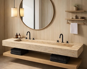 高級トラバーチン製フローティング洗面台（隠し排水口付き）、手作りの天然石製ダブル洗面化粧台、モダンな壁掛け式洗面器