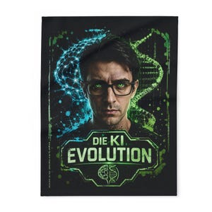 May include: A black rectangular fabric print featuring a central portrait of a person with glasses and glowing green eyes. The background displays blue and green digital brain and DNA graphics. The text reads DIE KI EVOLUTION in bold green letters.