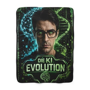 Könnte beinhalten: Eine schwarz-grüne Decke mit einem Porträt eines Mannes mit grünen Augen und Brille. Die Decke zeigt den Text "DIE KI EVOLUTION" in Grün und Weiß, zusammen mit einem Gehirn und einer DNA-Grafik.