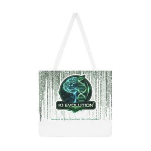 May include: A white tote bag featuring a green digital matrix pattern background. The centre displays a circular graphic with a glowing brain and DNA strand, accompanied by the text KI EVOLUTION and Designed by Anja Alperstedt /Die KI Evolution.