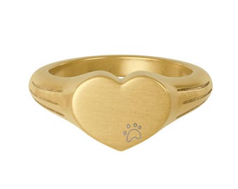 Anillo de sello de acero inoxidable con forma de corazón y huella de pata (grabado) - Personalización disponible