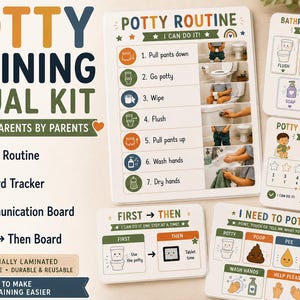 May include: A potty training visual kit featuring a large routine chart with seven steps, a bathroom sequence card, a reward tracker, a first-then board, and an I need to potty communication board. All cards include colorful icons and text.