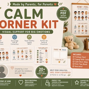Op de afbeelding: Een Calm Corner Kit printbare PDF-set met een gevoelensgrafiek, copingvaardigheidskaarten, kalmeringsstappen en een eerst-dan-bord. De visuele ondersteuningsmaterialen bevatten illustraties van diverse gezichten en iconen in groen, oranje en wit.