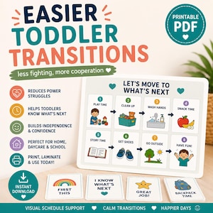 Puede incluir: Un horario visual blanco para niños pequeños con el texto "Transiciones más fáciles para niños pequeños". El horario incluye pasos ilustrados como tiempo de juego, limpieza y hora de la merienda. Tarjetas adicionales dicen "Primero esto", "Sé lo que sigue" y "¡Buen trabajo!"