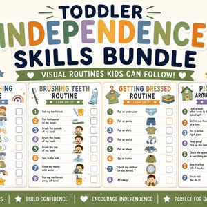 Op de afbeelding: Een kleurrijke Toddler Independence Skills Bundle poster met visuele routines voor kinderen. Inclusief handen wassen, tanden poetsen, aankleden en opruimen. De poster heeft de tekst "Build Confidence Every Day!" en "Less Reminding. More Independence!"
