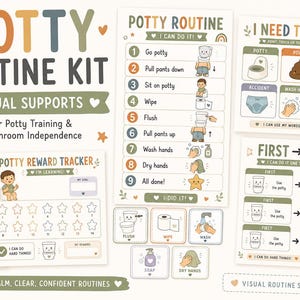 May include: A potty training kit with visual supports, including a routine chart, reward tracker, and "I need to potty" guide. The kit features illustrations of steps like "Go potty" and "Wash hands". The color palette is soft with pastel tones.