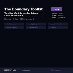 Puede incluir: Un producto digital titulado The Boundary Toolkit que contiene guiones palabra por palabra para establecer límites. Incluye 50 guiones, 5 herramientas, archivos PDF y una hoja de cálculo. Las categorías cubren trabajo, familia, amigos, dinero y autocuidado.
