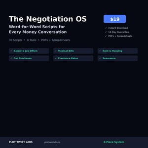 May include: A digital product titled The Negotiation OS featuring word-for-word scripts for money conversations. It includes 30 scripts, 6 tools, PDFs, and spreadsheets covering salary, medical bills, rent, car purchases, freelance rates, and severance.