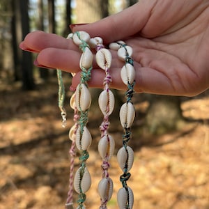 Cowrie Shell String Cord Choker Necklace in Navy Blue, Light Blue & Pink, Handmade Boho Beach Jewelry, Gift for her, Summer Coastal charms