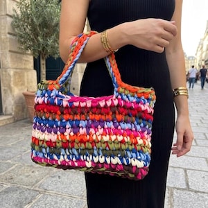 Handmade Chunky Multicolor Crochet Bag, Chunky T-shirt Yarn, Crochet Purse, Summer Vacation Handbag, Gift for Her