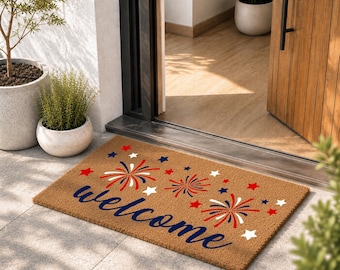 Fireworks Doormat Summer, Front Door Mat for Fourth of July, Summer Porch Decor, Red White Blue Decor, USA Anniversary Front Door Rug