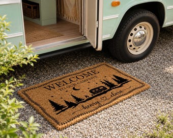 Welcome To Our Campsite Doormat, Personalized Camping Welcome Mat, Custom Couple Name Door Mat, Happy Campers Coir Mat, RV Housewarming Gift