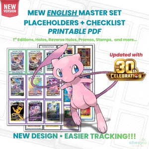 Può includere: Una guida PDF stampabile con lista di controllo e segnaposto per il set master Mew in inglese, che presenta un'illustrazione del personaggio Mew rosa, un logo dorato 30th celebration e una griglia di immagini di varie carte collezionabili.