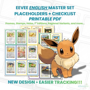 May include: A printable PDF checklist for an Eevee English master set, featuring placeholders for promos, stamps, holos, and regional variants. The document includes grid layouts of Eevee trading cards and a large illustration of the character Eevee.