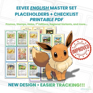 Può includere: PDF stampabile con un Eevee English Master Set con segnaposto e un elenco di controllo. Il design include Promos, Francobolli, Holos, 1a Edizioni e Varianti Regionali. L'immagine include anche il testo "Migliorato", "Nuovo design" e "Monitoraggio più facile!!!".