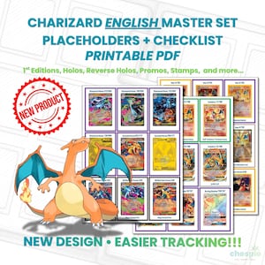 Pode incluir: Uma lista de verificação em PDF imprimível para um conjunto mestre em inglês de Charizard, com uma grade de várias cartas colecionáveis Charizard, um selo vermelho de NEW PRODUCT e uma grande ilustração de Charizard laranja. O texto inclui CHARIZARD ENGLISH MASTER SET PLACEHOLDERS + CHECKLIST PRINTABLE PDF, 1st Editions, Holos, Reverse Holos, Promos, Stamps, and more, e NEW DESIGN • EASIER TRACKING!!!