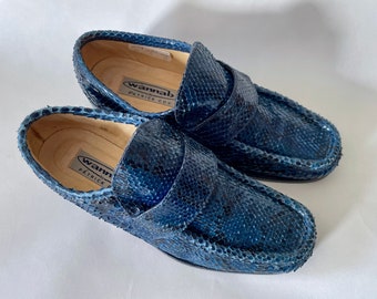 90s Patrick Cox Wannabe Vintage Sz 36 Blue Python Snake Skin Loafers