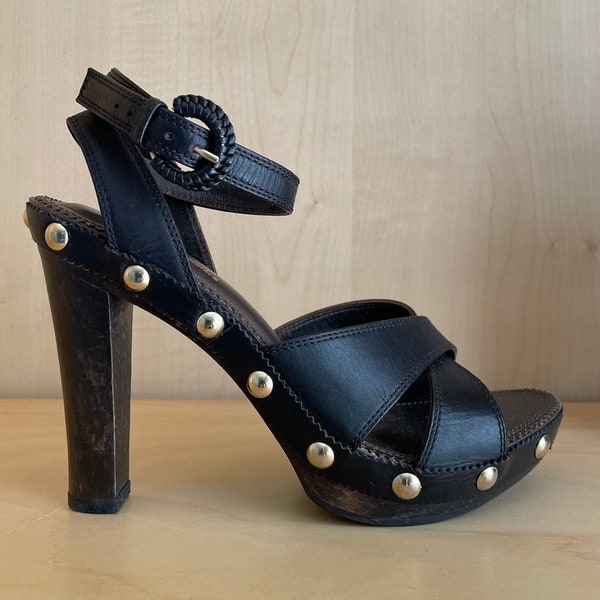 Yves Saint Laurent rive gauche 2005 Studded Black Leather Ankle Wrap Platform Sandals EU36 US6