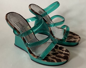 Vintage 90s Dolce & Gabbana Green Lacquer Platform Wedge Sandal, Rare Showroom Sample