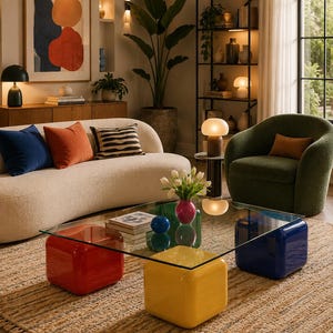 May include: A coffee table featuring a clear square glass top supported by four glossy, rounded-corner cube bases in red, yellow, blue, and green. A small pink vase with white tulips sits on the glass surface alongside a blue sphere.