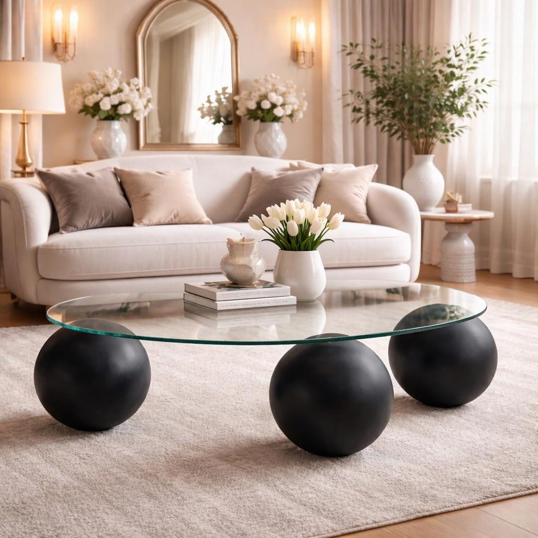 Modern Oval Glass Coffee Table With Sculptural Sphere Legs, Luxury ...