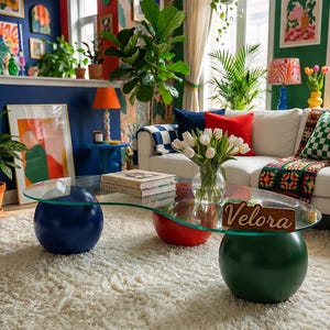 Op de afbeelding: Een moderne woonkamer met een salontafel met glazen blad, ondersteund door drie bolvormige bases in blauw, rood en groen. De kamer heeft een witte bank met kleurrijke kussens, kunstwerken en potplanten. Een zacht wit tapijt bedekt de vloer.