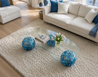 Modern Organic Glass Coffee Table with Blue Marble Sphere Legs, Luxury Sculptural Center Table, Coastal Living Room Decor, Home Decor