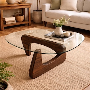 Triangular Glass Coffee Table with Solid Wood Base, Modern Sculptural Center Table, Tempered Glass Living Room Furniture